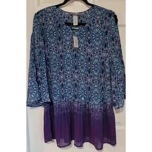 New Catherines Women's Tunic Blouse Plus 0X Geometric Blue Pleated Bell Sleeve